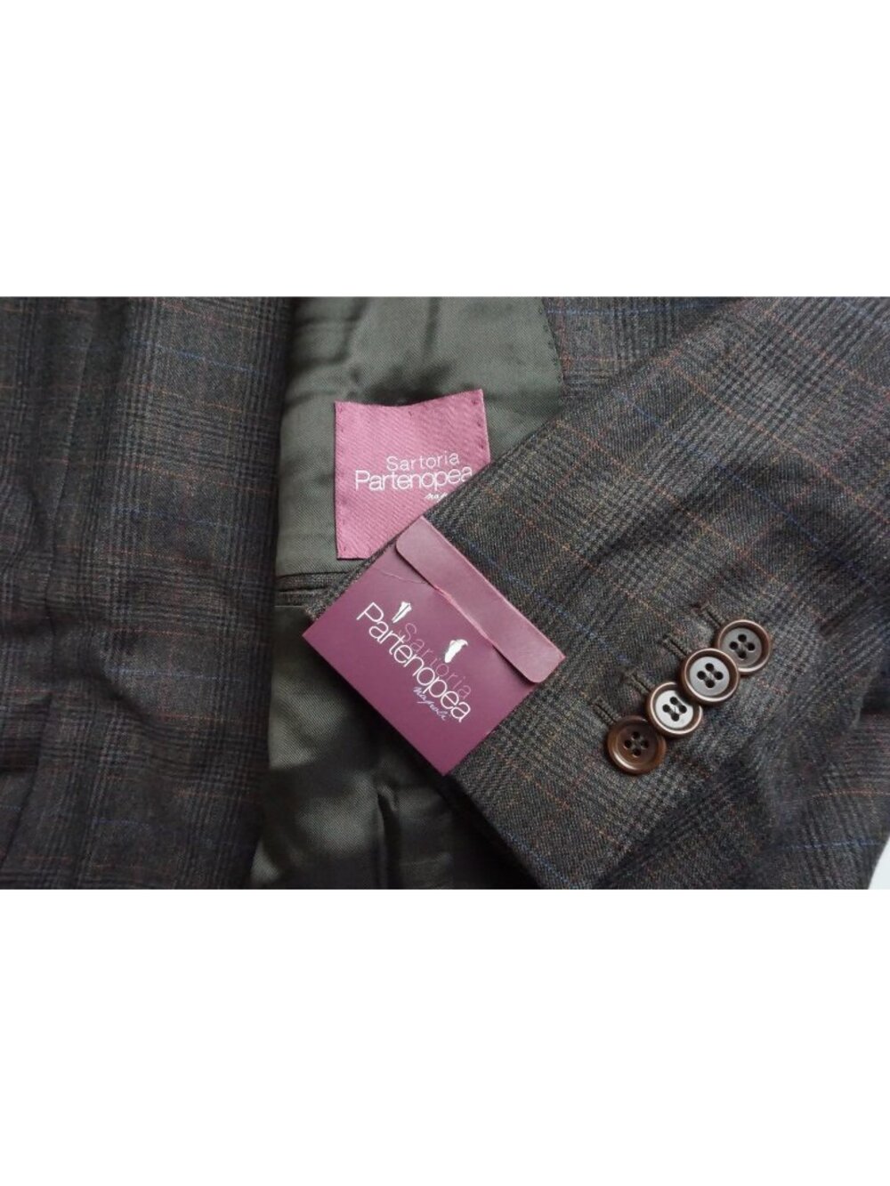 Sartoria Partenopea Brown Blue Plaid 2 Pc Suit Jacket Pant 54 EU NEW